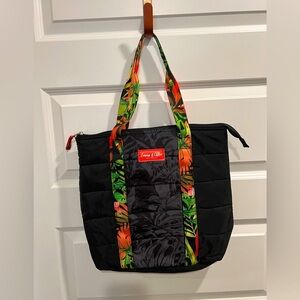 Emma & Chloe New York Tote Bag Black with Pink & Green Floral & Leaf Pattern 🌺